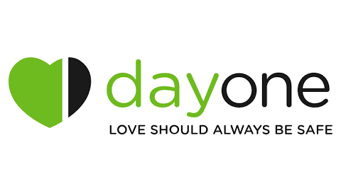 Logo with a heart shape containing green and black colors next to the text "dayone" and the tagline "Love should always be safe."