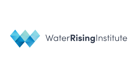 Water Rising Institute logo with blue triangular design and black and gray text