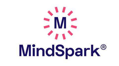 MindSpark logo with a pink and dark blue color scheme, featuring a large letter 'M' surrounded by lines resembling a spark or burst.