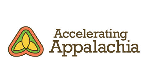 Logo with an abstract tri-leaf design and the words "Accelerating Appalachia" in brown font.