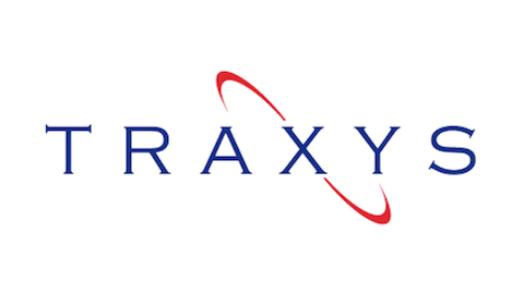 TRAXYS logo in blue letters with a red swoosh around the letter A