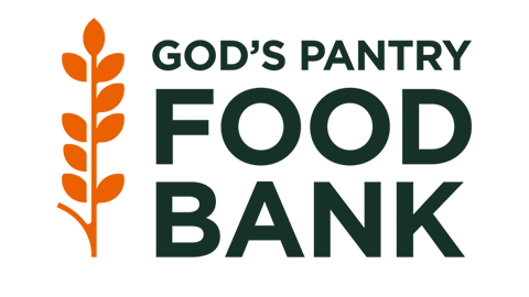 Logo of God's Pantry Food Bank with an orange wheat symbol on the left and the text 'God's Pantry Food Bank' on the right.