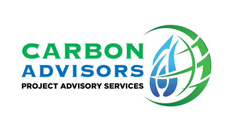 Logo for Carbon Advisors, a project advisory services company, with green and blue text and a globe-like graphic.