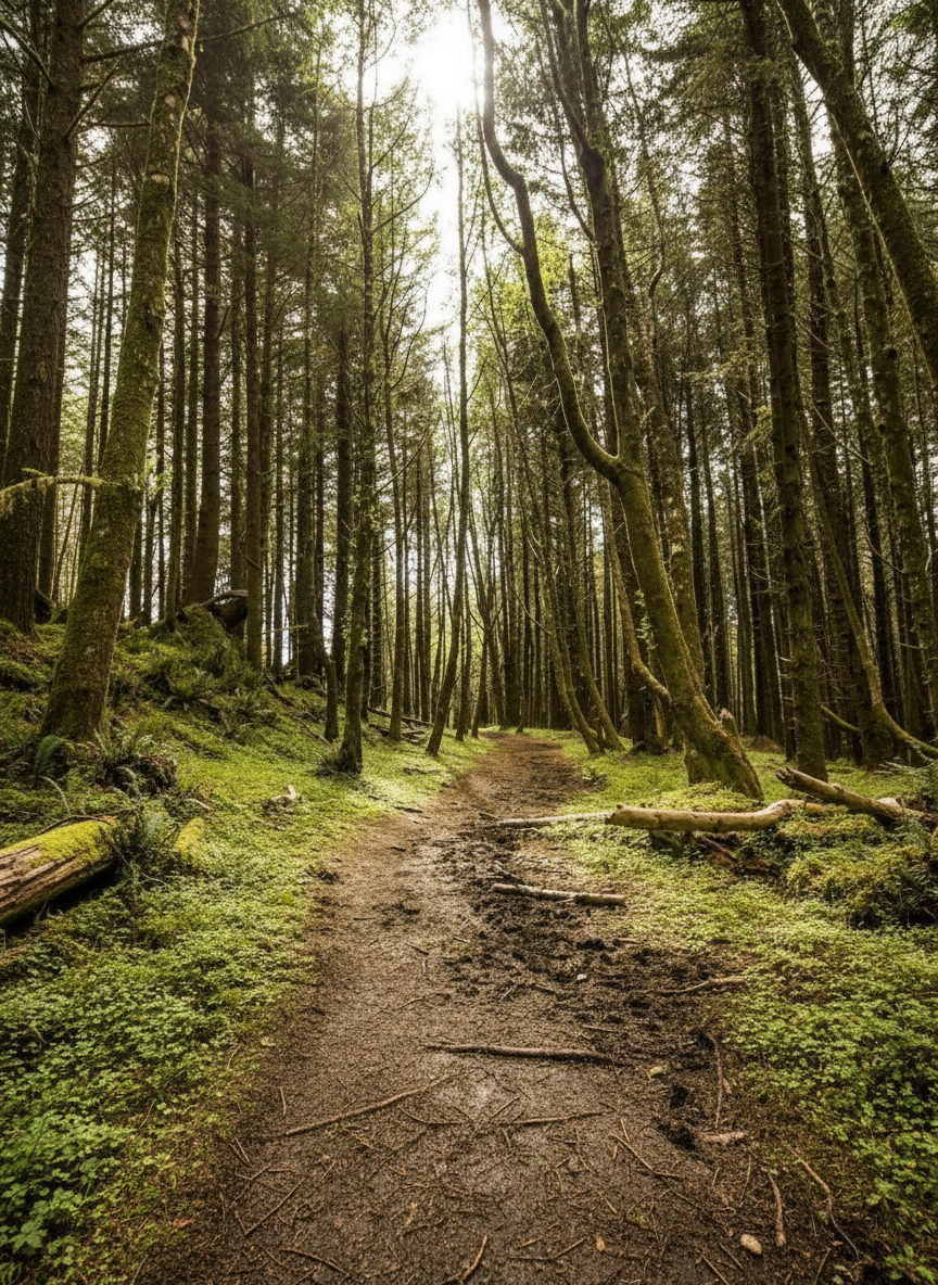 A dirt trail winding through a dense green forest with tall trees and moss-covered ground.