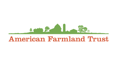 Green silhouettes of farmland and buildings with the text 'American Farmland Trust' in orange underneath.