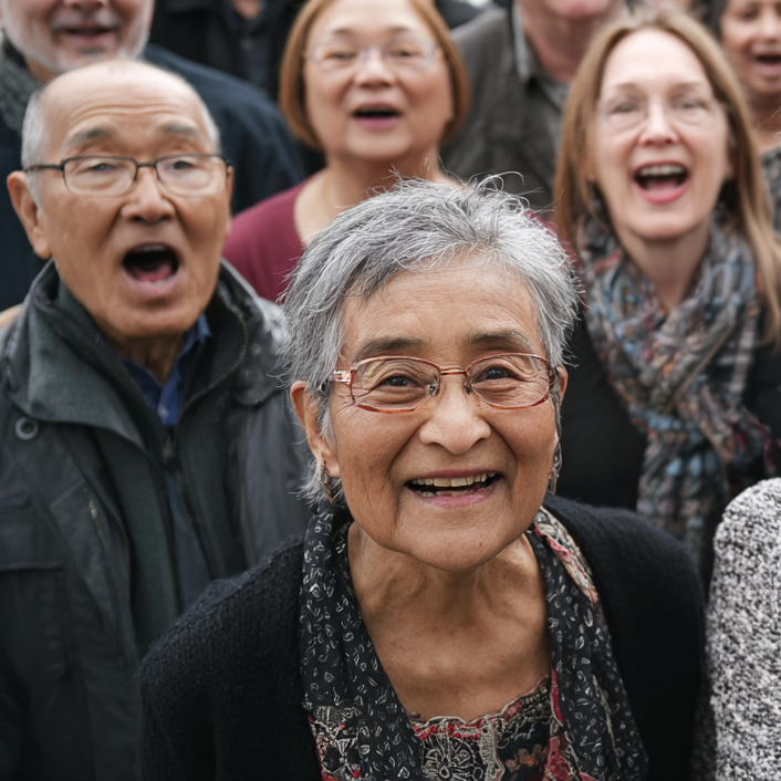 woman smiling at the camera with choir members around her.