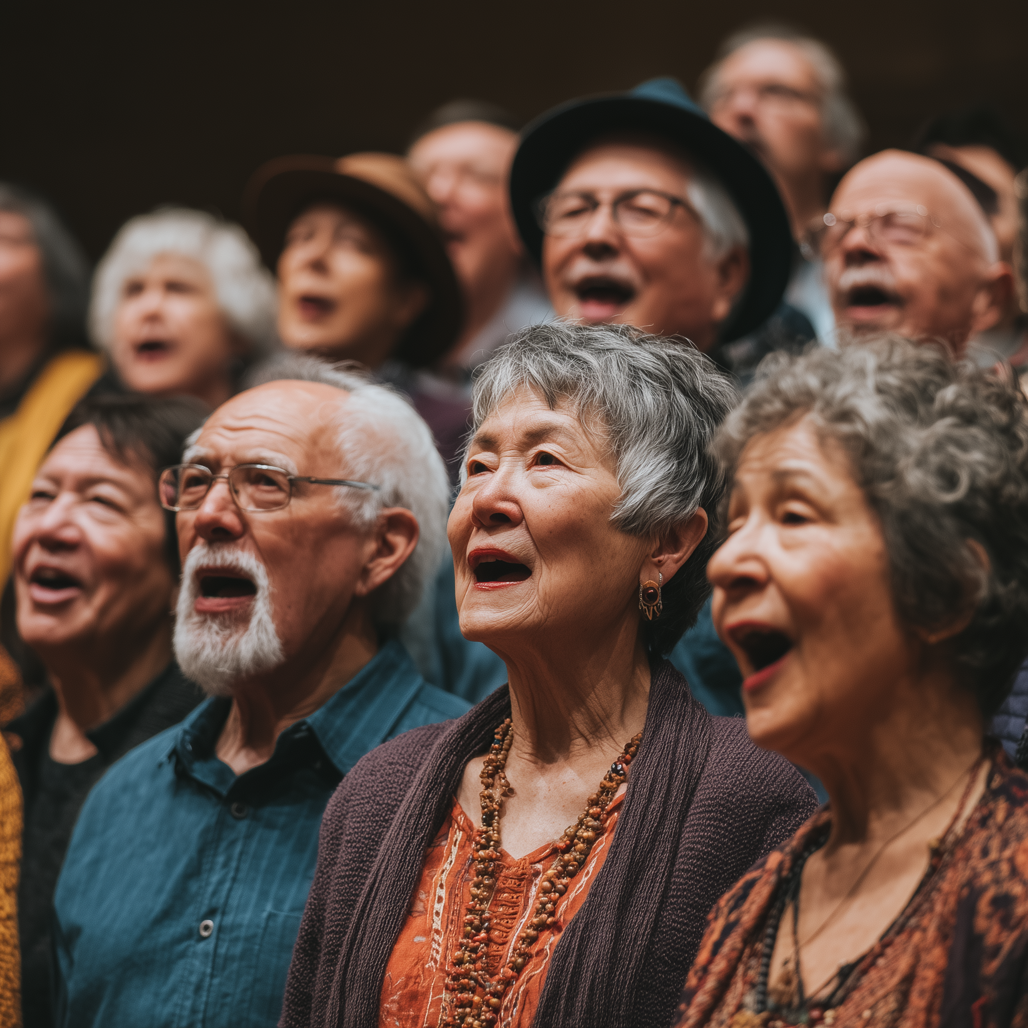 Group of mainly seniors singing together in a choir
