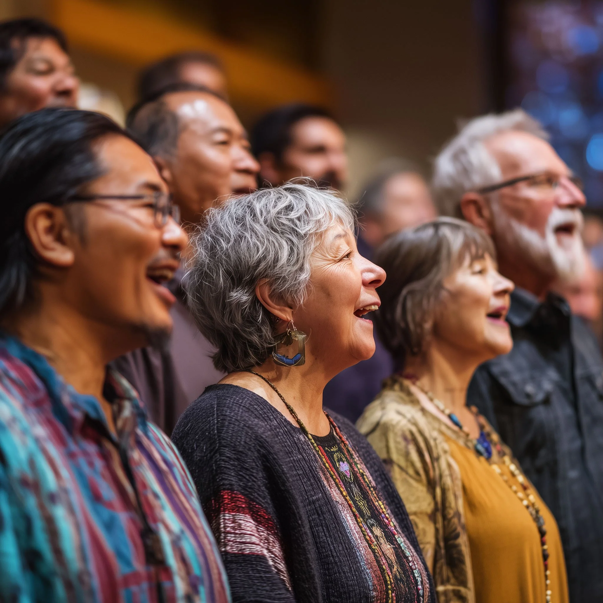 a diverse group of seniors and supporters singing in a choir together.