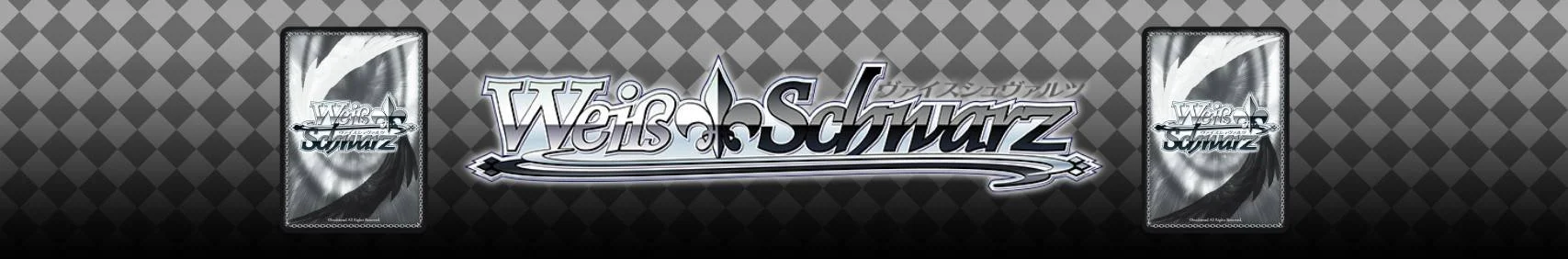Banner with diamond-patterned background, featuring the logo for Weiss Schwarz card game in the center, flanked by two individual cards with a black and white design and the Weiss Schwarz logo.