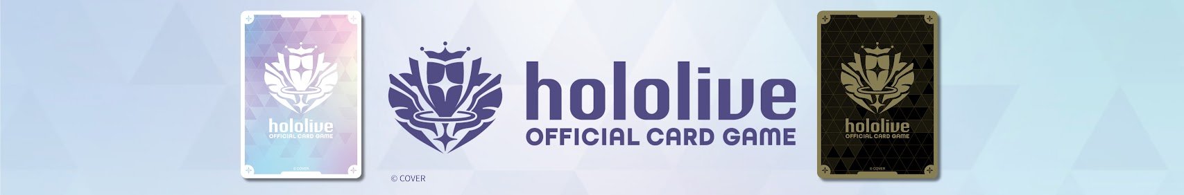 Banner for Hololive official card game featuring two card backs, one with a pastel geometric pattern and the other in dark colors, and the Hololive logo with text.