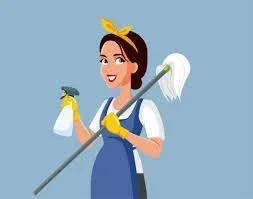Illustration of a woman in cleaning attire holding a spray bottle and a mop.