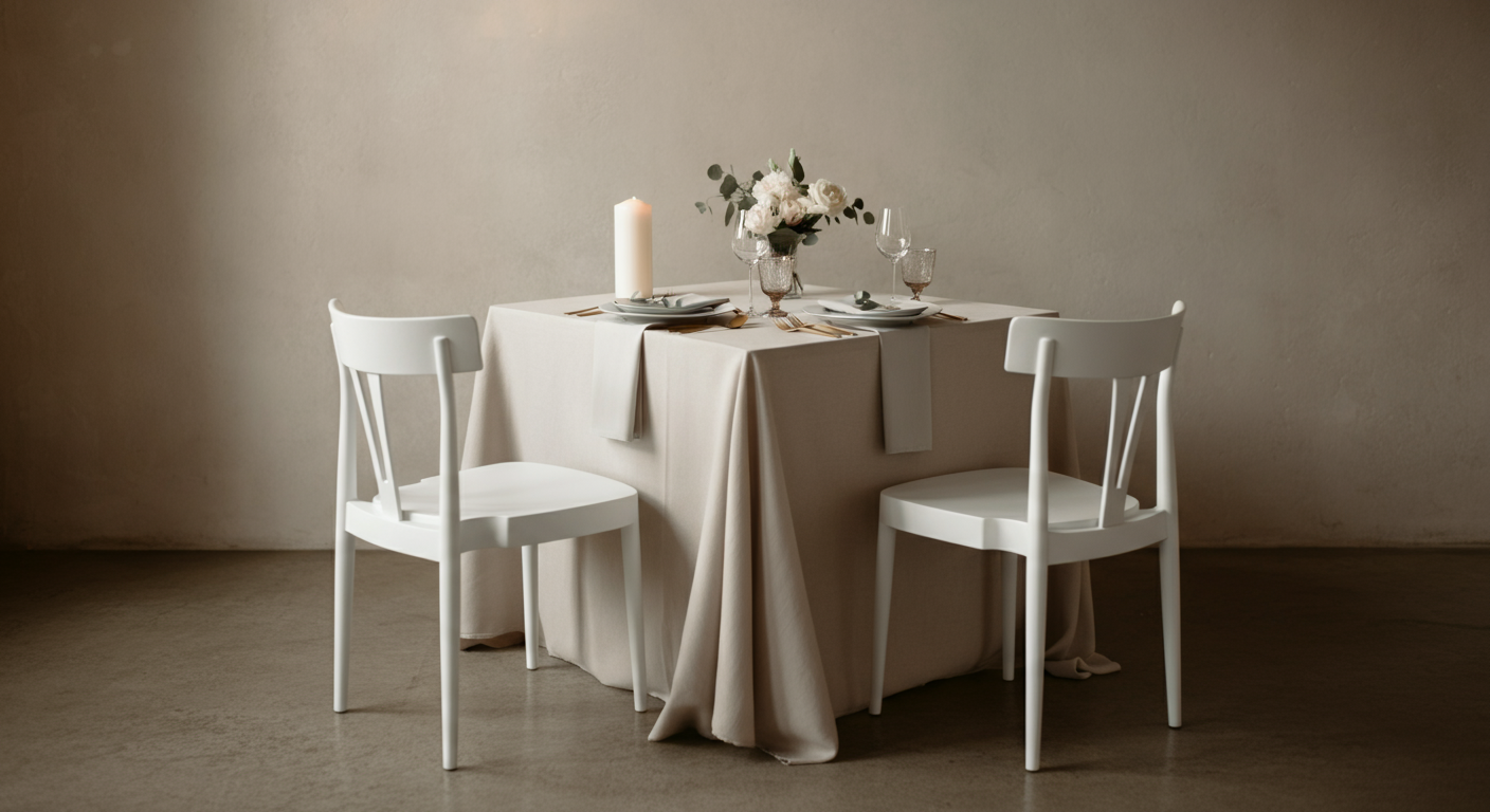 A round dining table with a beige tablecloth, set for two with white plates, silverware, glassware, and a centerpiece with white flowers and eucalyptus, against a plain beige wall.