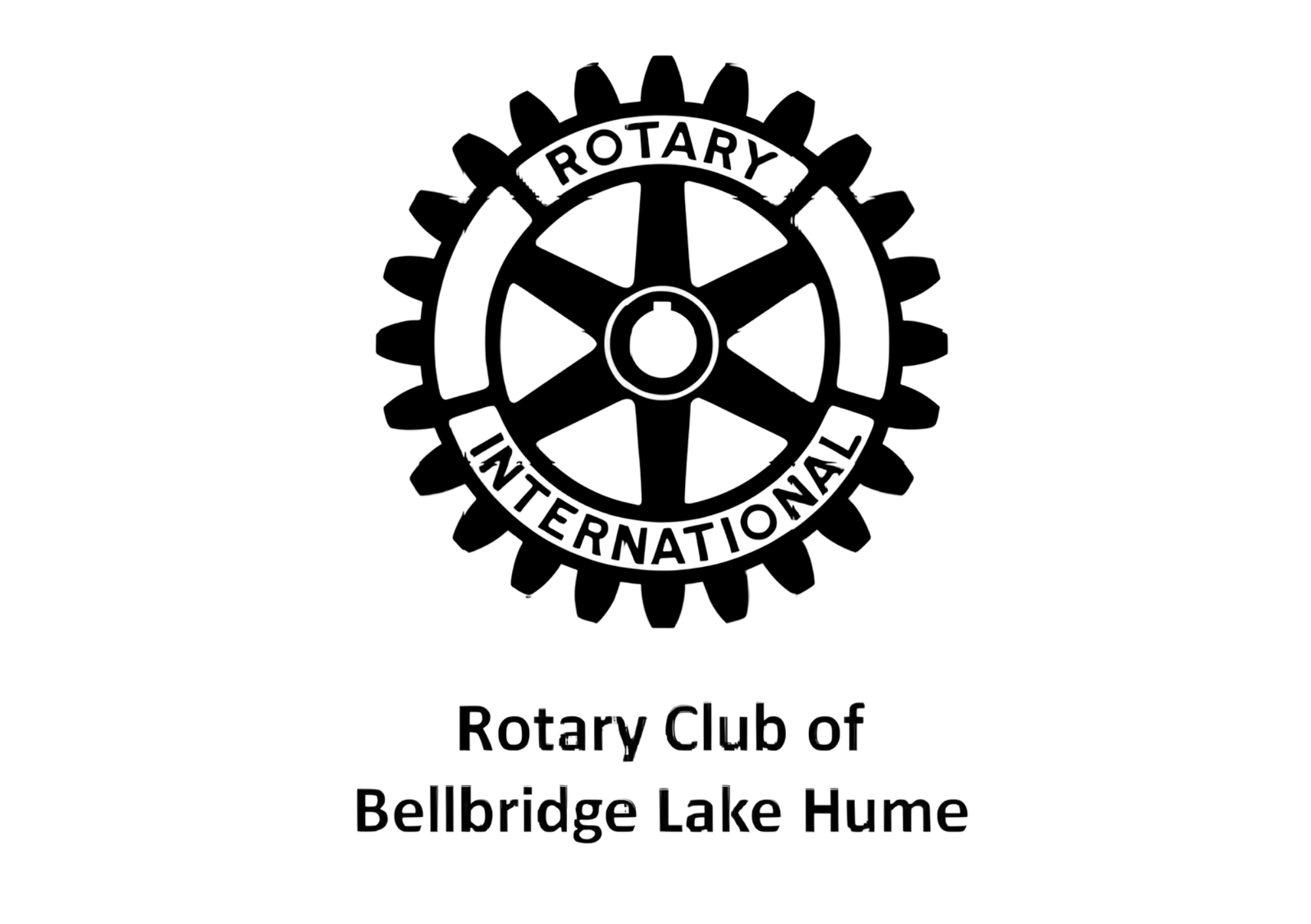 Black and white logo of the Rotary Club of Bellbridge Lake Hume, featuring a gear wheel with the words 'Rotary International' inside