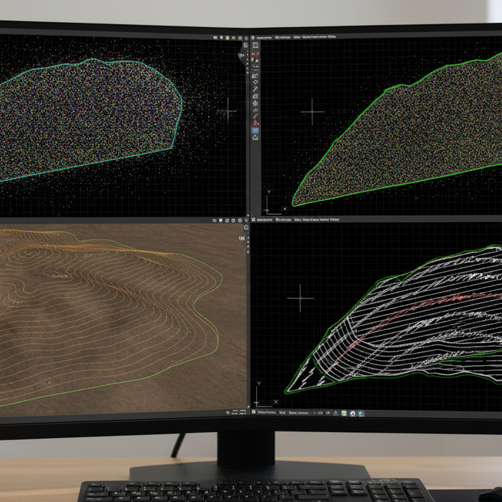 Computer monitor displaying CAD software with four different views of a 3D scan or model of a rocky landscape or geological formation.