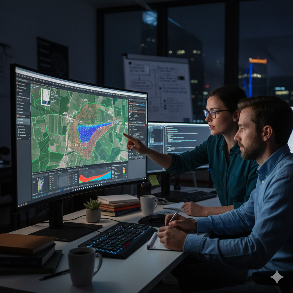 Two people analyzing geographic data on large computer monitors in a dark office at night, with city lights visible outside.