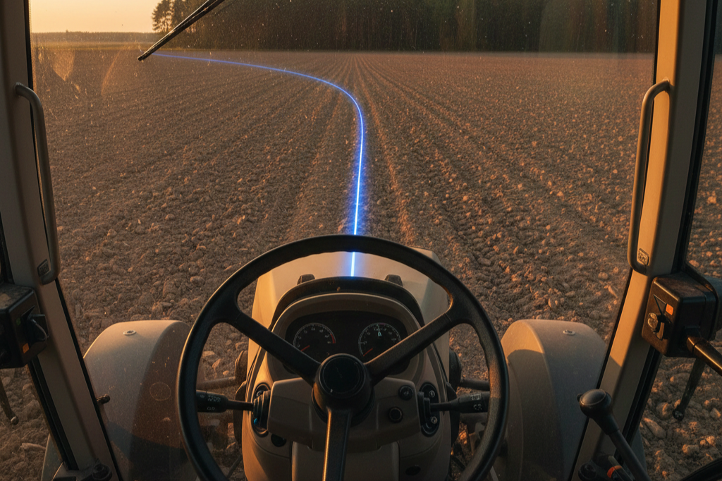 View from inside a tractor cab looking out over a plowed field with a glowing blue line marking a pathway, during sunset.