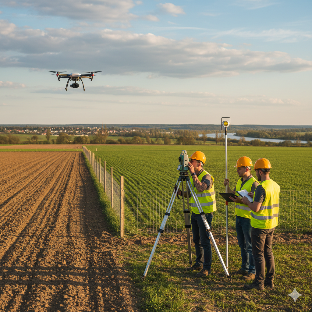 Three construction workers in yellow safety vests and hard hats operating surveying equipment in a farm field, with a drone flying overhead during sunset.