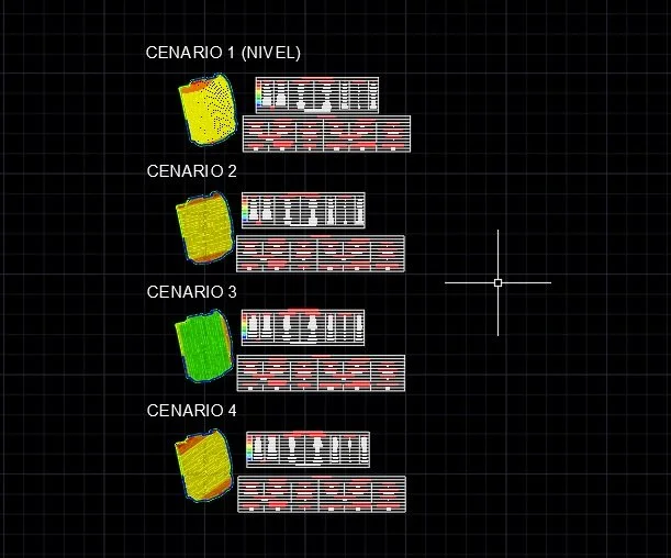 Grid drawing showing four scenarios labeled as 'CENARIO 1 (NIVEL)', 'CENARIO 2', 'CENARIO 3', and 'CENARIO 4' with color-coded areas, including a yellow, green, and orange section.