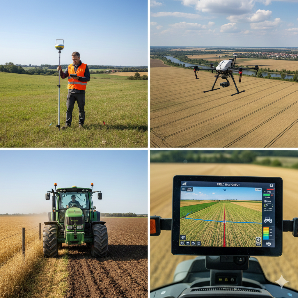 Four images showing modern farming technology: a man using a handheld GPS device with a reference rod in a green field, a drone flying over a golden wheat field, a green tractor with a rear-mounted implement on a plowed field, and a tractor's GPS screen displaying field navigation data.