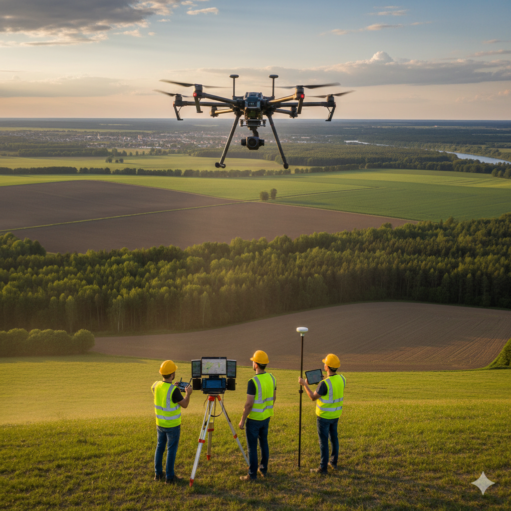 Drone flying over a field during sunset while three technicians in yellow safety vests and helmets monitor it with devices and a tablet on a hilltop.