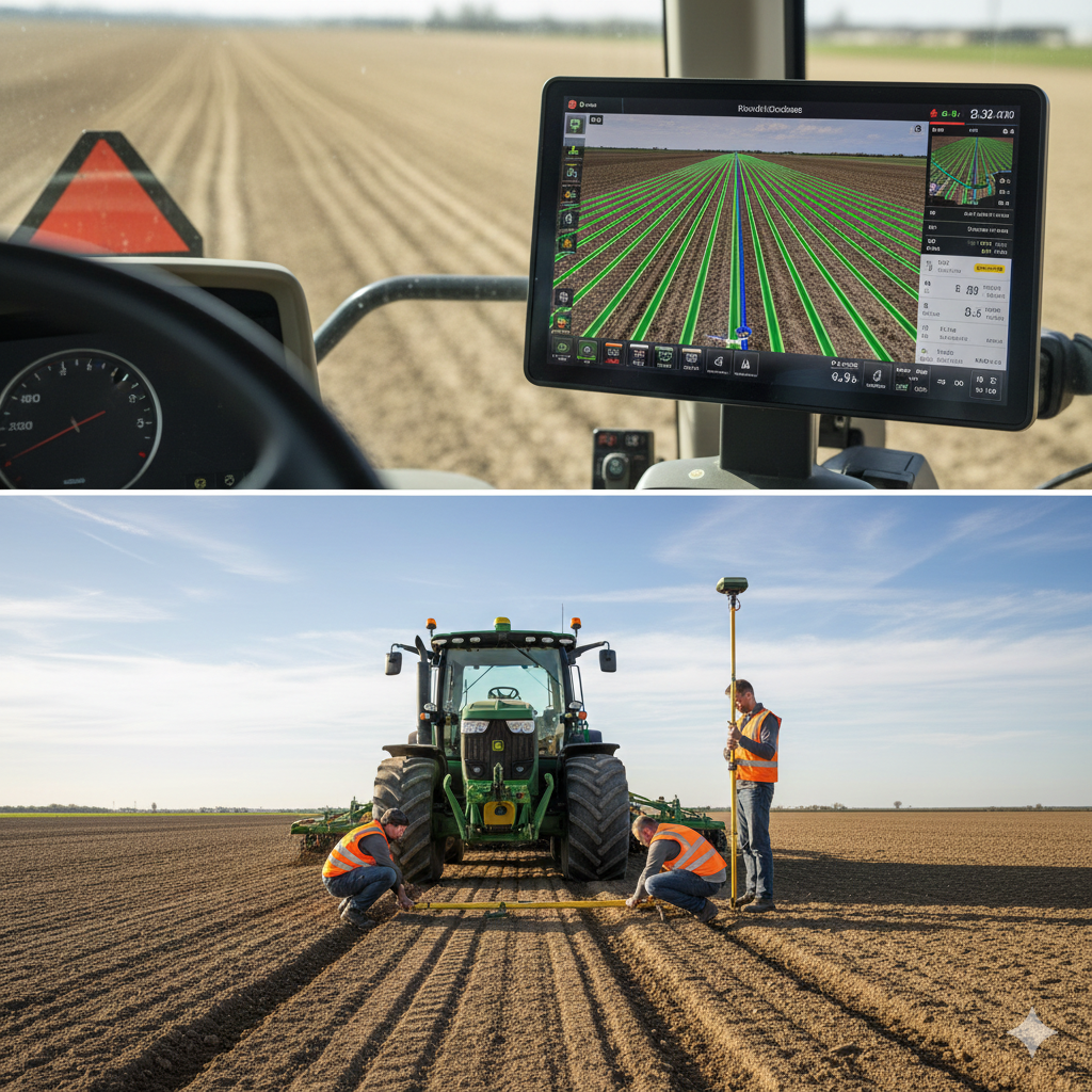 Top image shows the view from inside a tractor, focusing on an advanced GPS display guiding farming operations in a field. Bottom image depicts three farmers in safety vests measuring the width of a freshly plowed field behind a large green tractor, under a clear blue sky.
