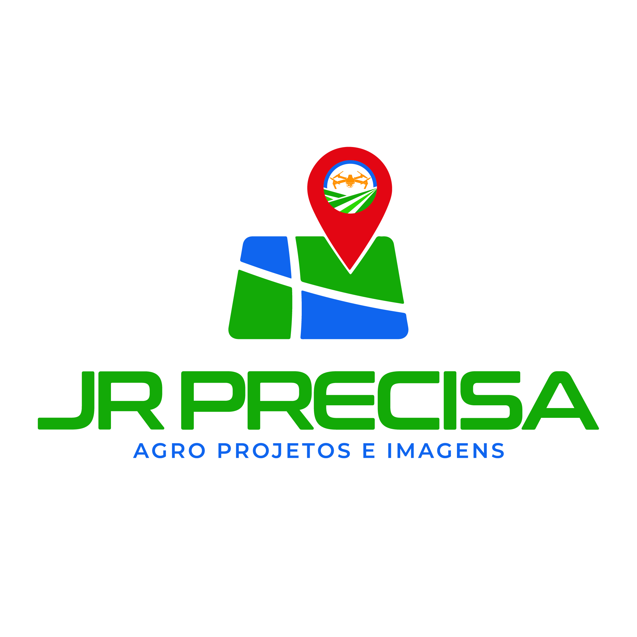 Logo featuring a stylized map with green and blue sections, a red location pin with an emblem inside, and the text "JR PRECA" in green with blue underneath reading "AGRO PROJETOS E IMAGENS," on a black background.