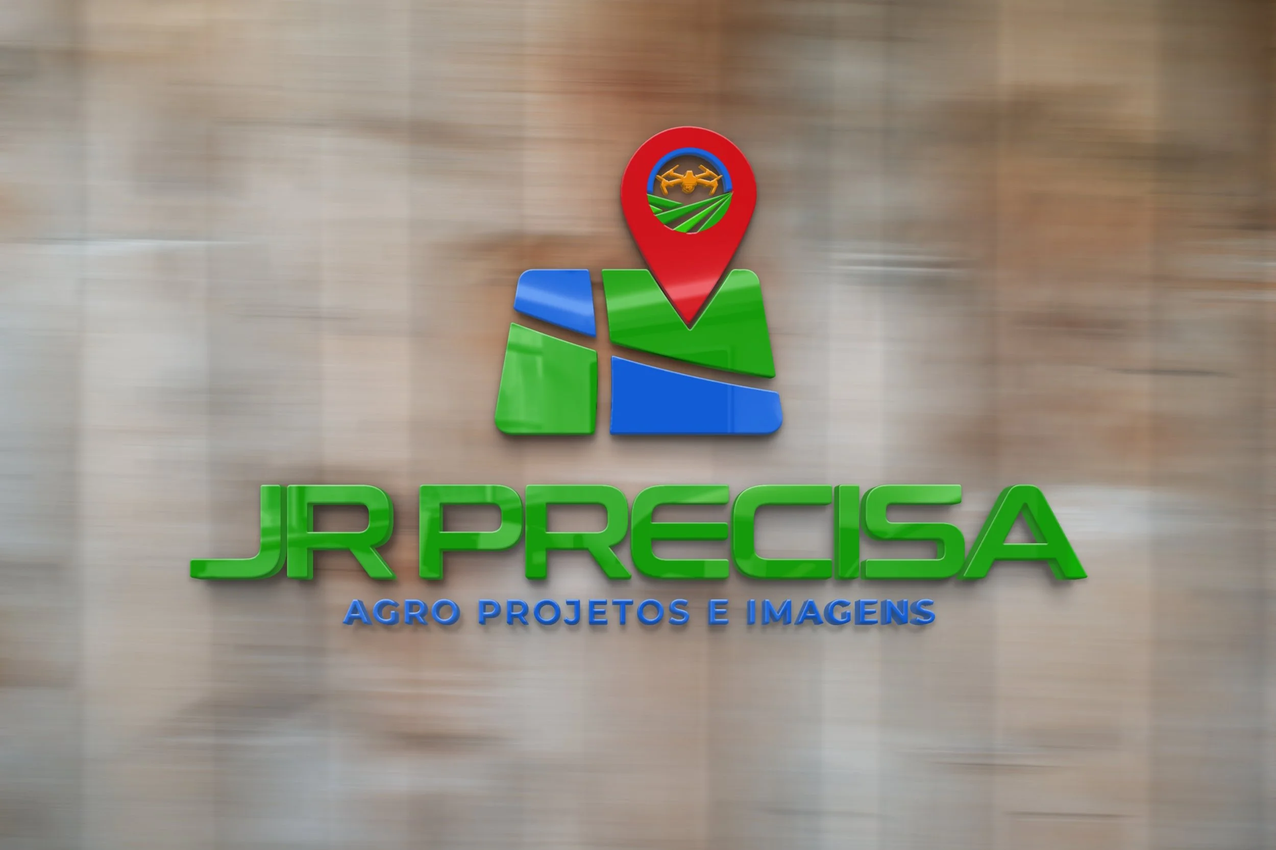 Logo for JR Precisa with a map icon and a drone inside a location pin, and text 'JR Precisa Agro Projetos e Imagens' on a wooden background.