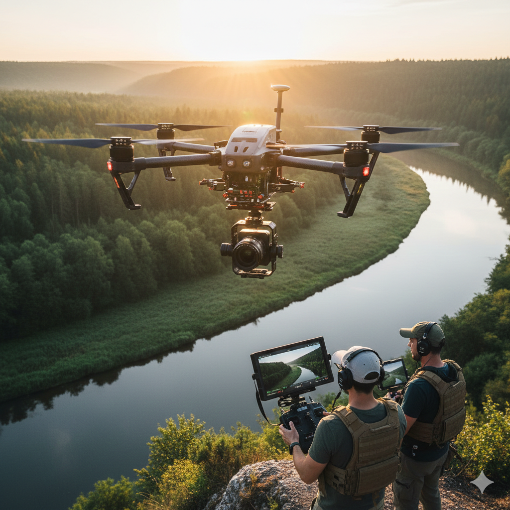Two drone operators in tactical vests and headphones control a drone flying over a river and lush green forest during sunset.