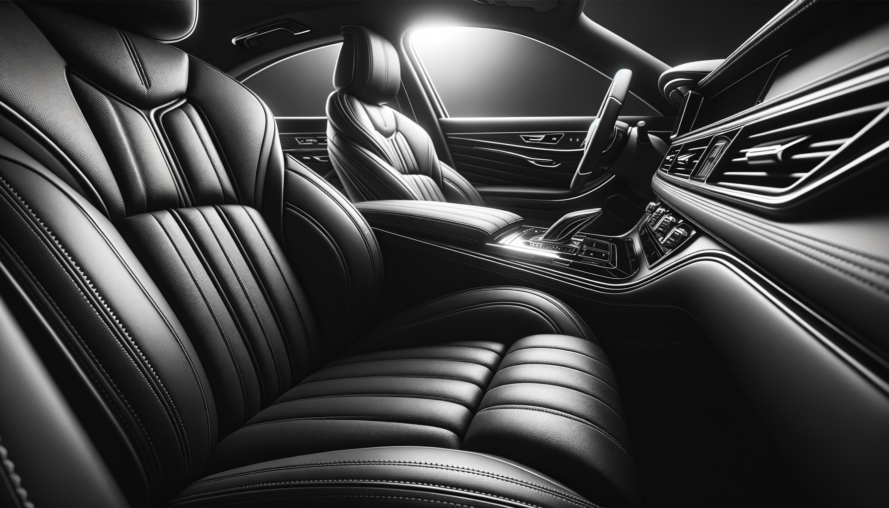 Black leather car interior with front and back seats, center console, and dashboard visible, illuminated by natural light from the window.