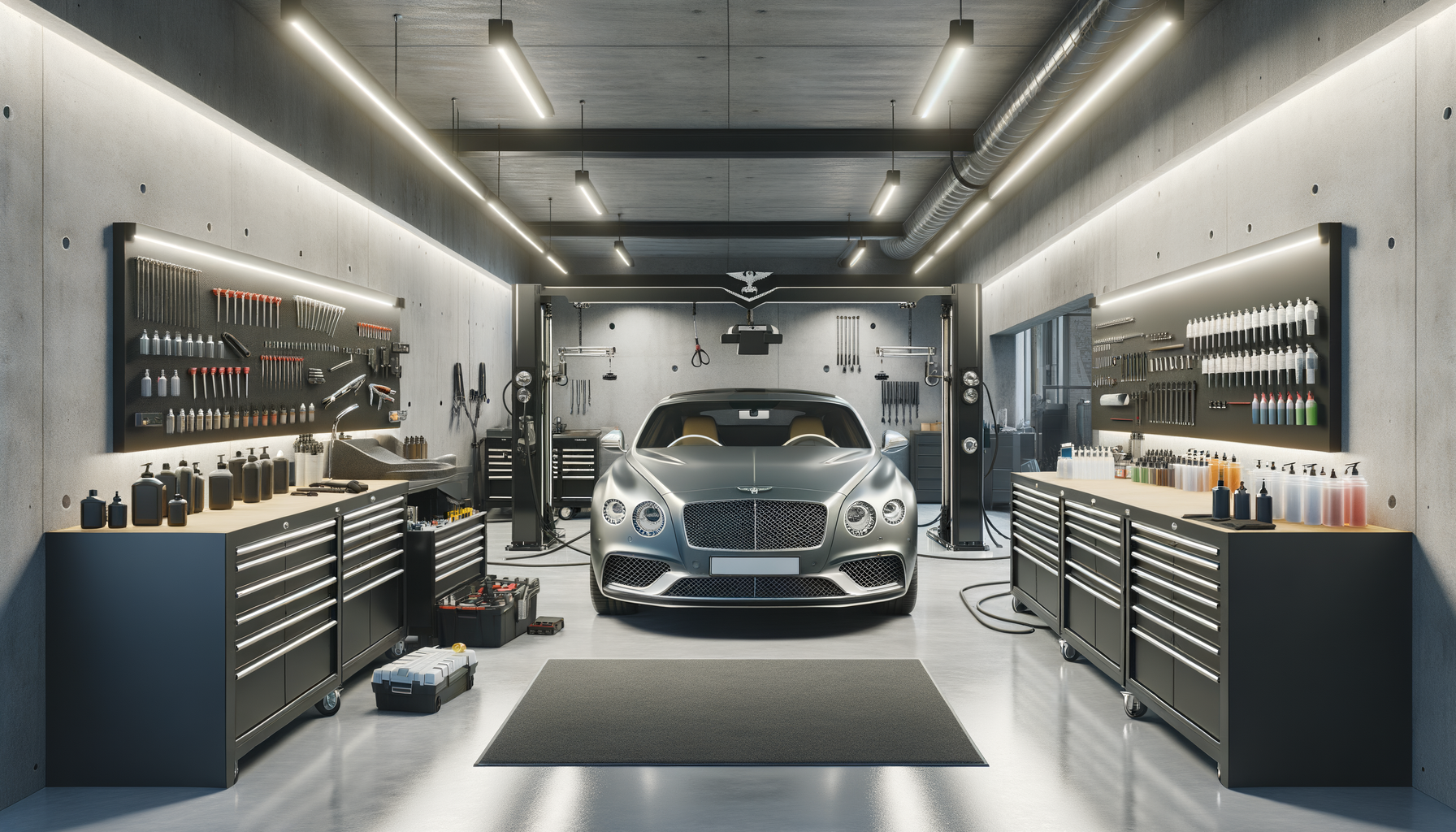 A luxury silver car inside a modern, well-equipped garage with organized tool storage and bright lighting.