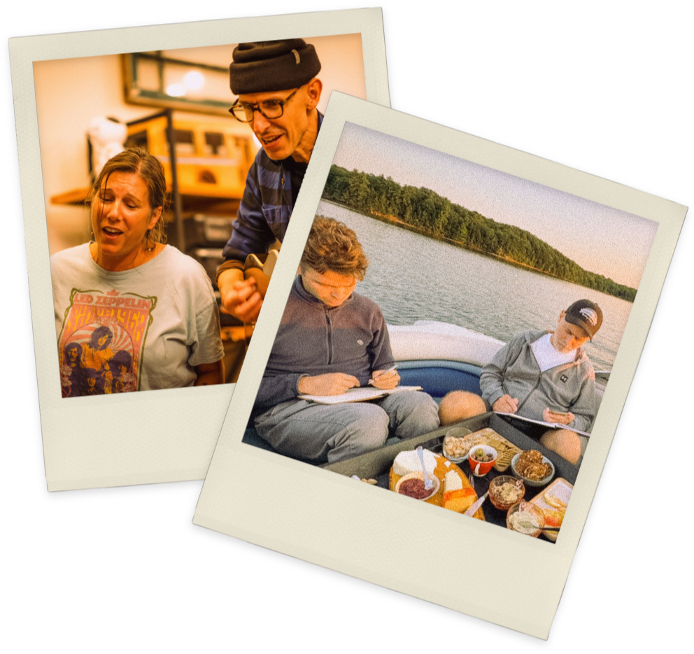 Stacked vintage-style Polaroids showing a man and woman playing guitar and two men writing a song on a boat