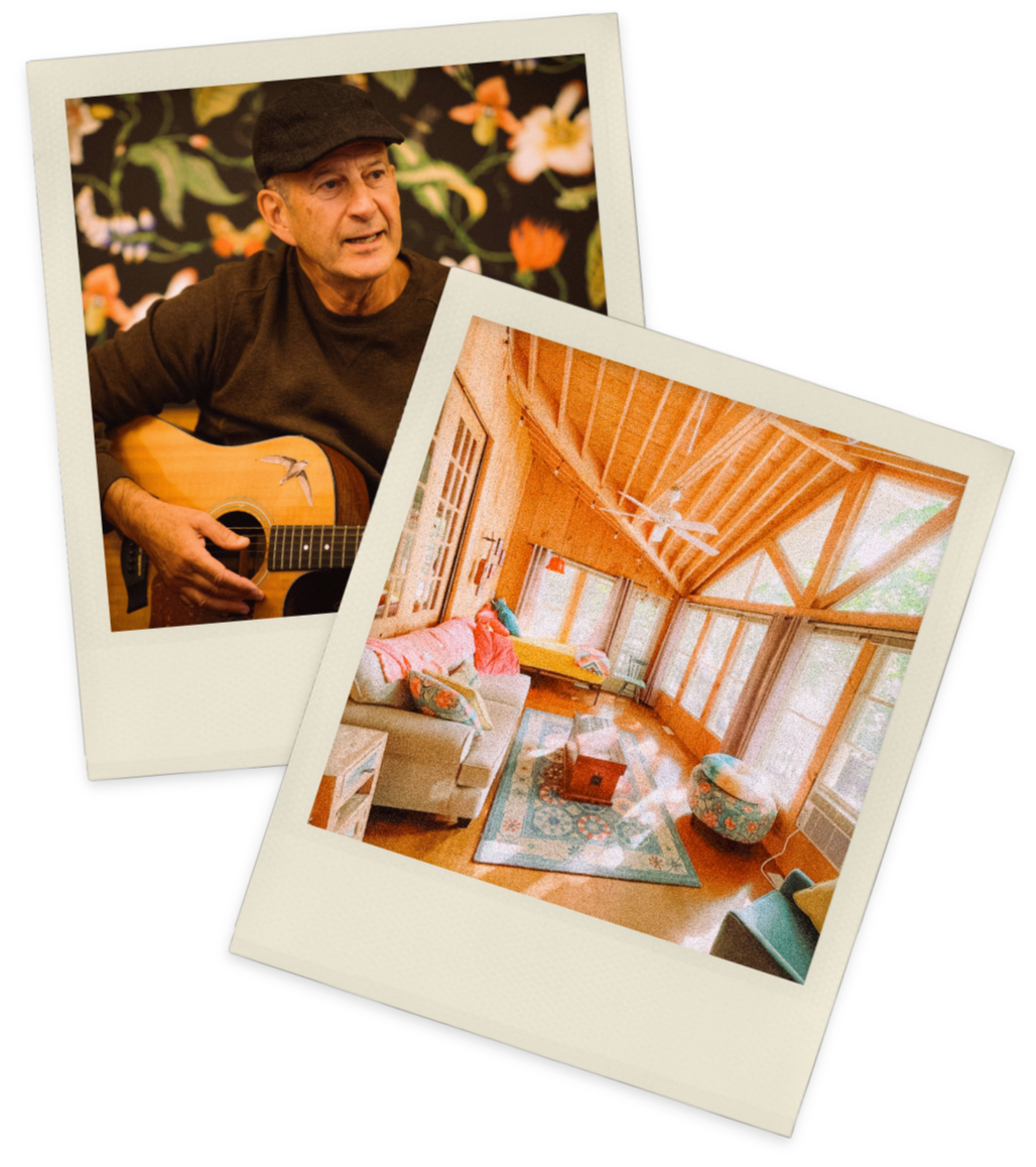 Stacked vintage-style Polaroids showing a man playing guitar and a cottage