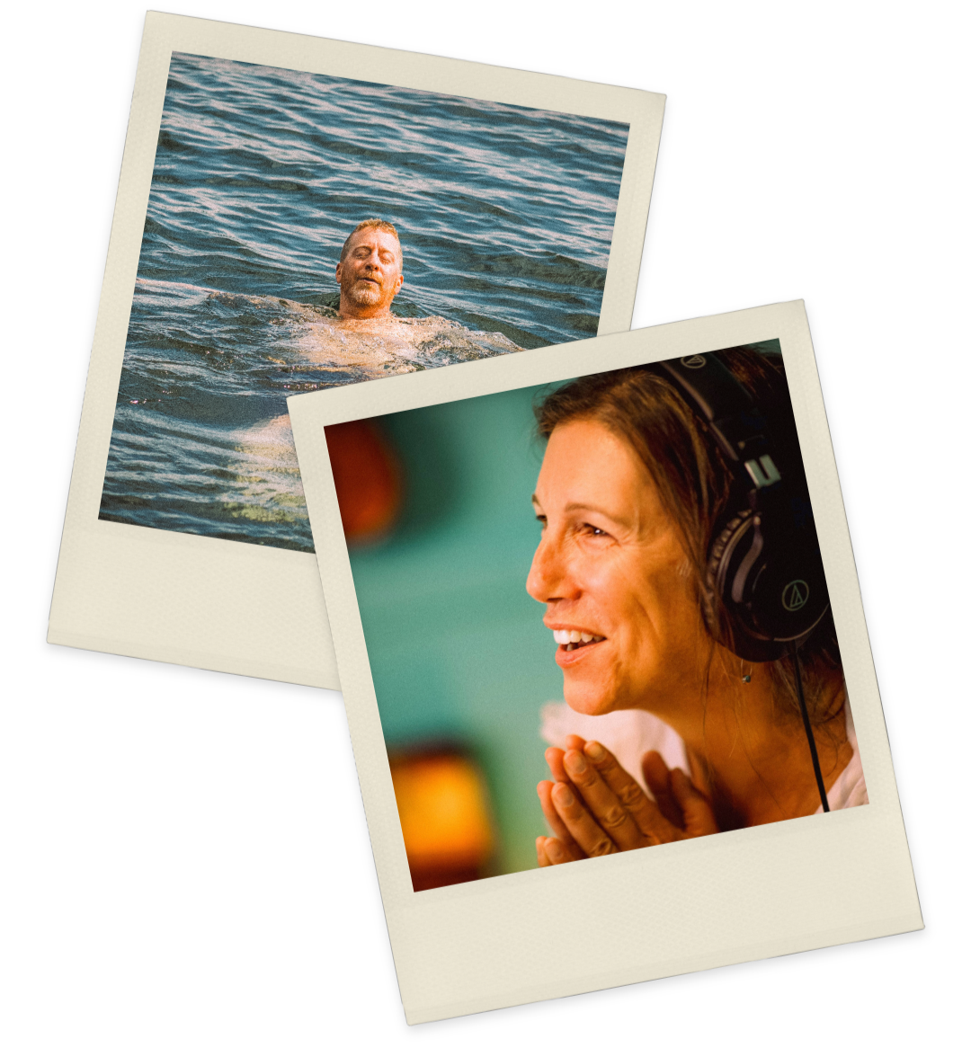 Stacked vintage-style Polaroids showing a man swimming in lake and woman mid song