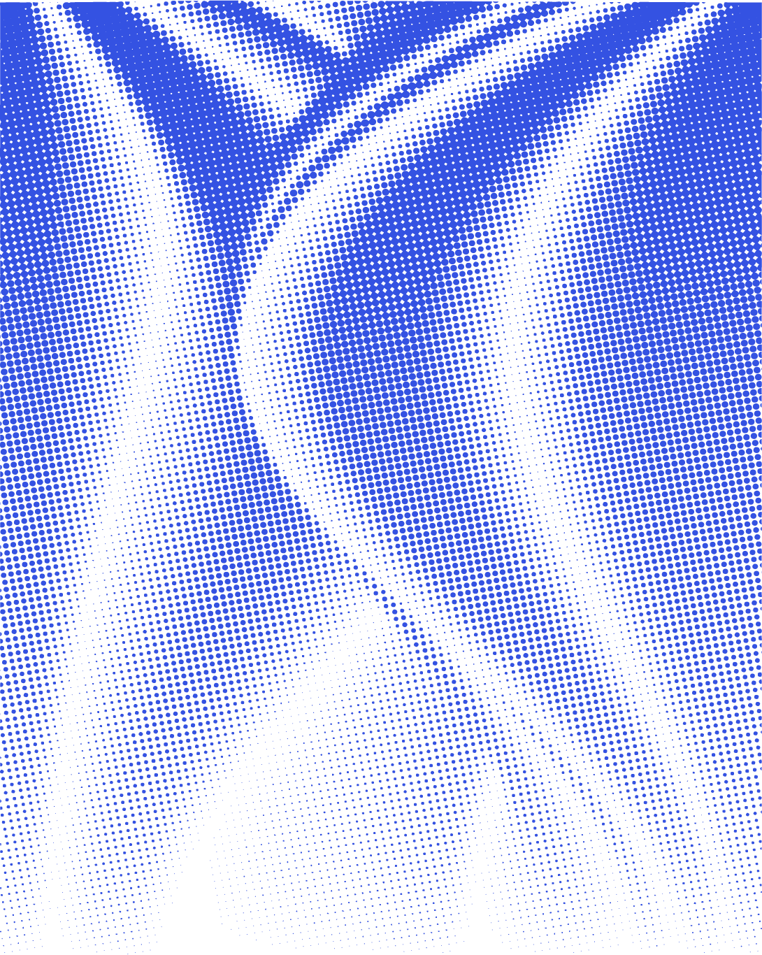Close-up of a hand holding a pen, writing on paper, depicted in a halftone dot style with blue tones.