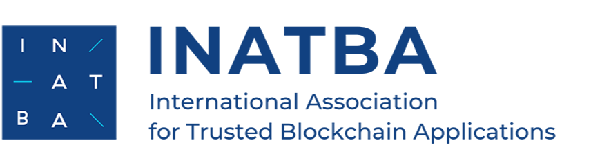 Logo of INATBA, International Association for Trusted Blockchain Applications, with a blue square containing white text and a darker blue textual designation.