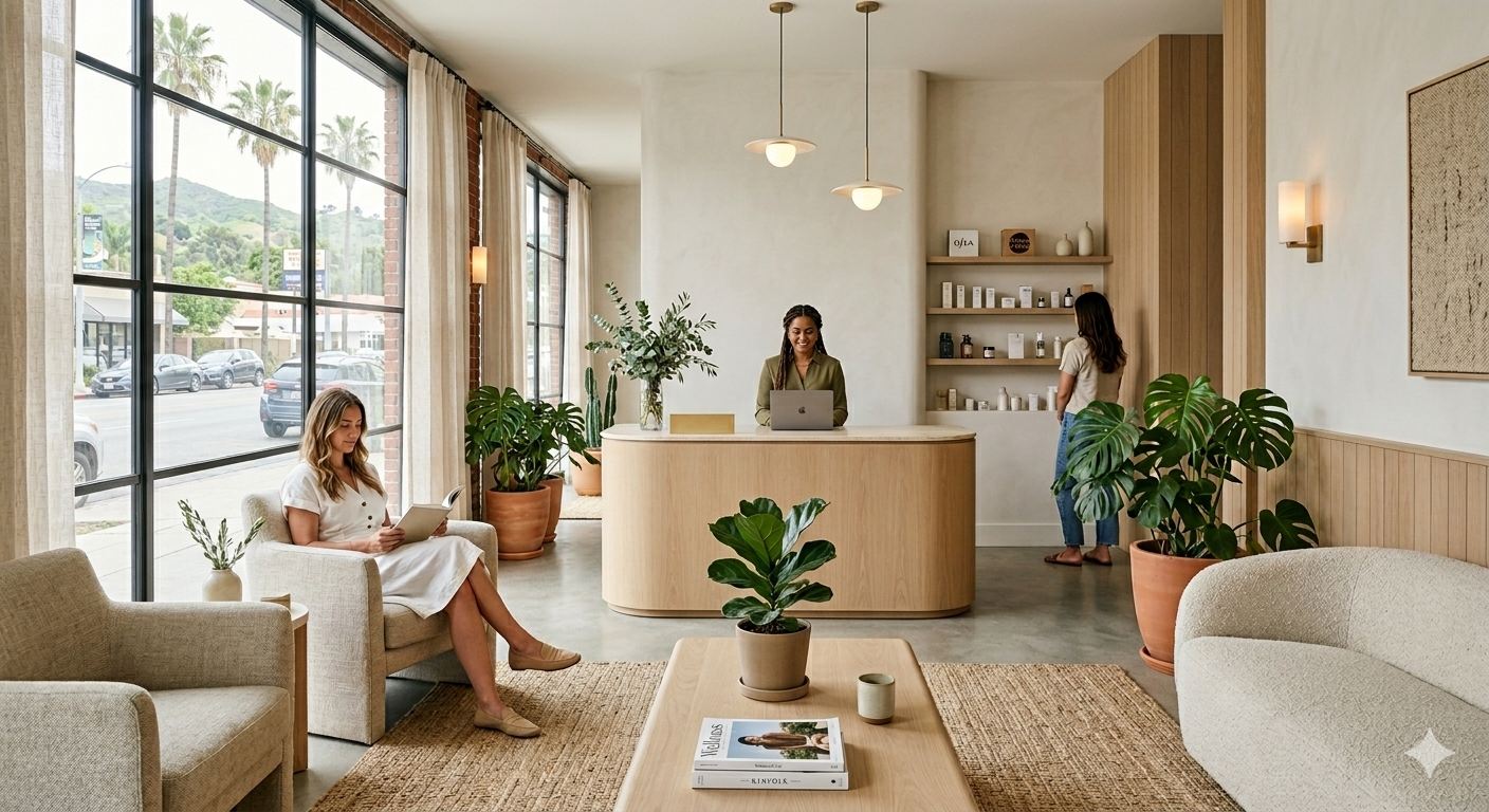 A modern, well-lit reception area with large windows, natural light, and multiple potted plants. Los Angeles medical marketing services and brand positioning for integrative clinics.