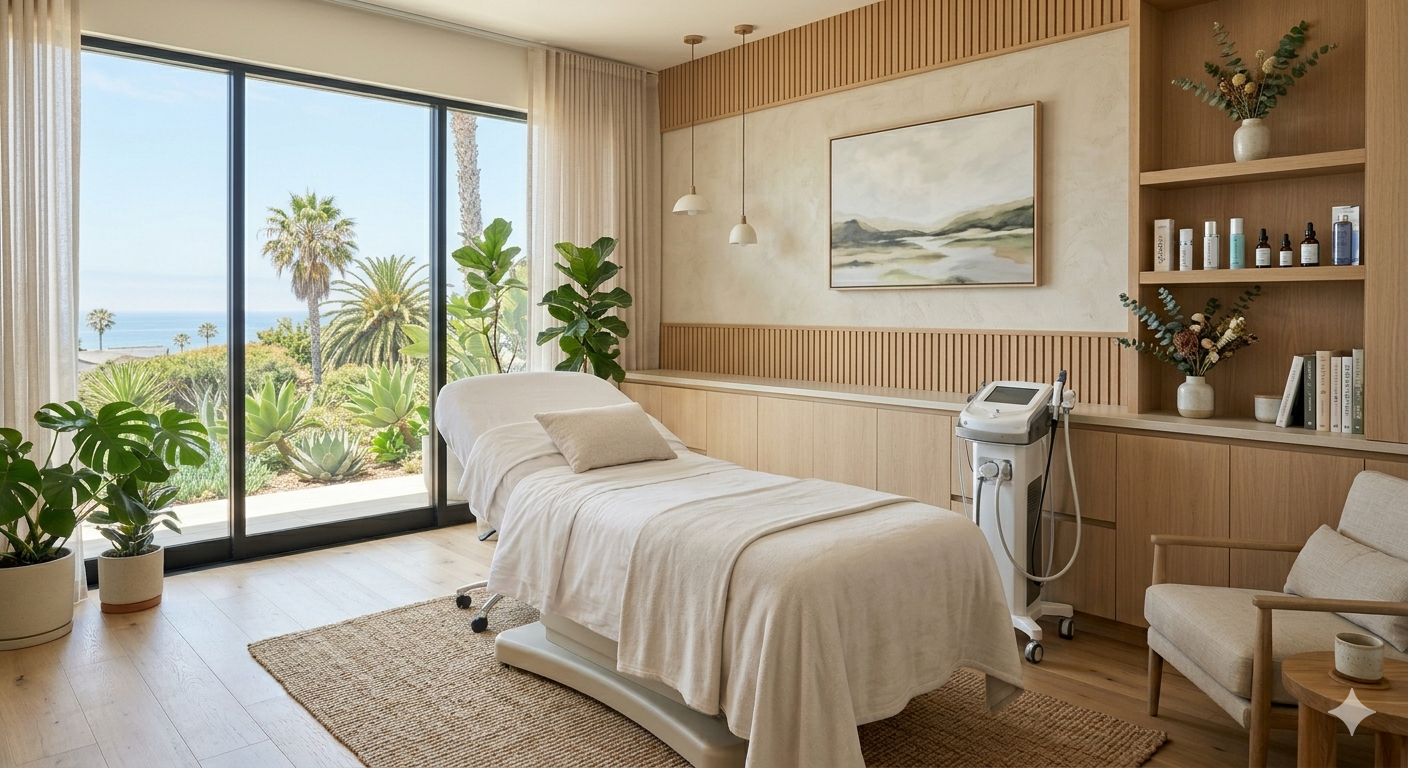 treatment room with a massage bed covered in a white sheet and beige pillow, near large glass sliding doors showing a view of palm trees and the ocean. There are skincare products, along with a medical device nearby. Medical marketing and branding.