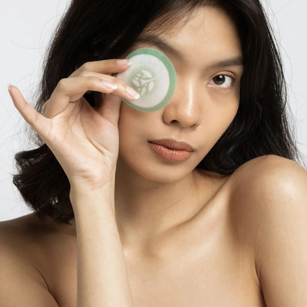 clean beauty brand founder with cucumber under the eye anti-inflammatory