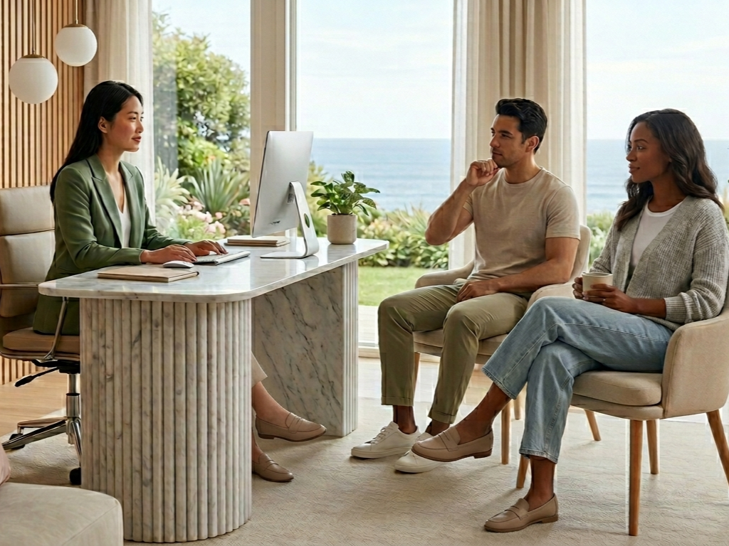 A woman in a green blazer sitting at a marble reception desk with a computer, talking to a man and a woman, outdoors with ocean view. Integrative medical marketing and growth branding for integrative clinics.