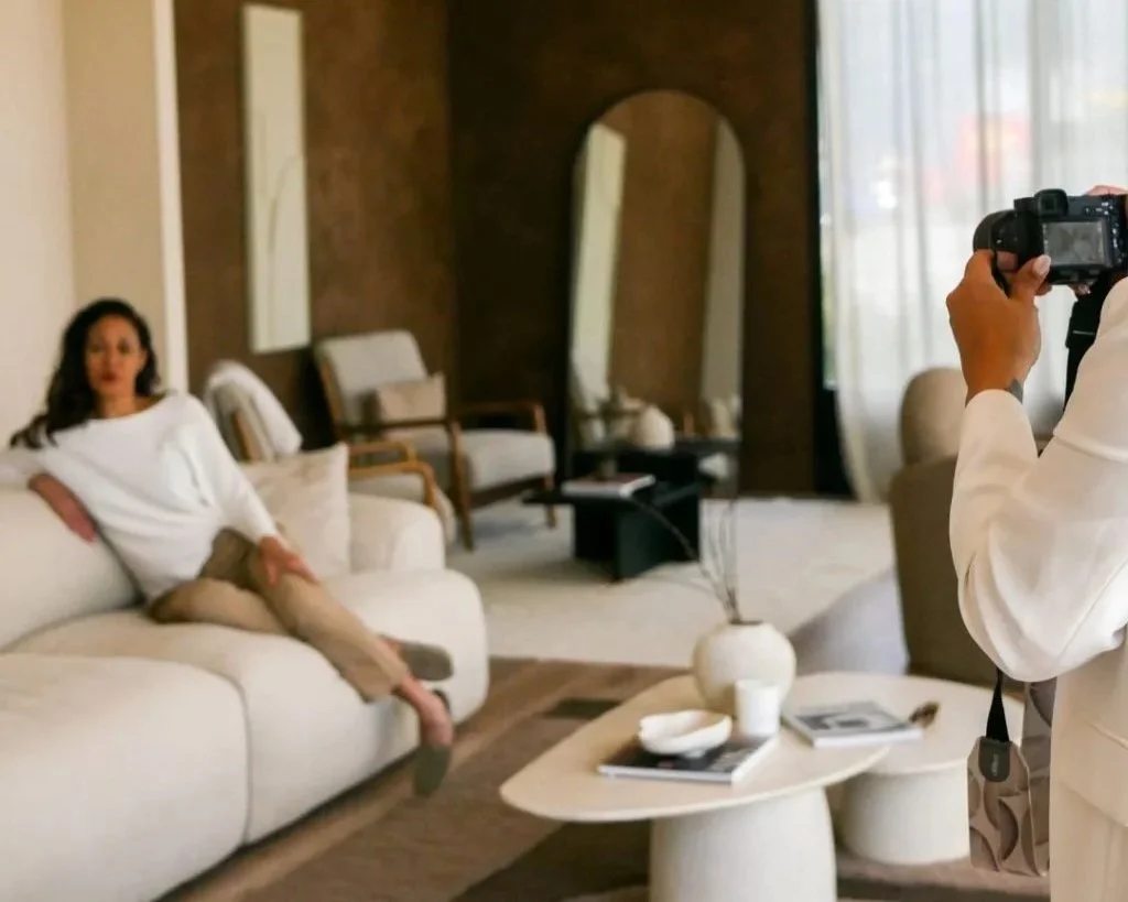 photoshoot for wellness brand founder in natural lighting with neutral colors and brand vibes