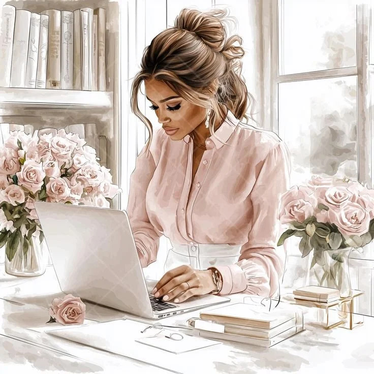 A woman working on a laptop at a desk decorated with pink roses in vases and a stack of notebooks, in a well-lit room with bookshelves and large windows.