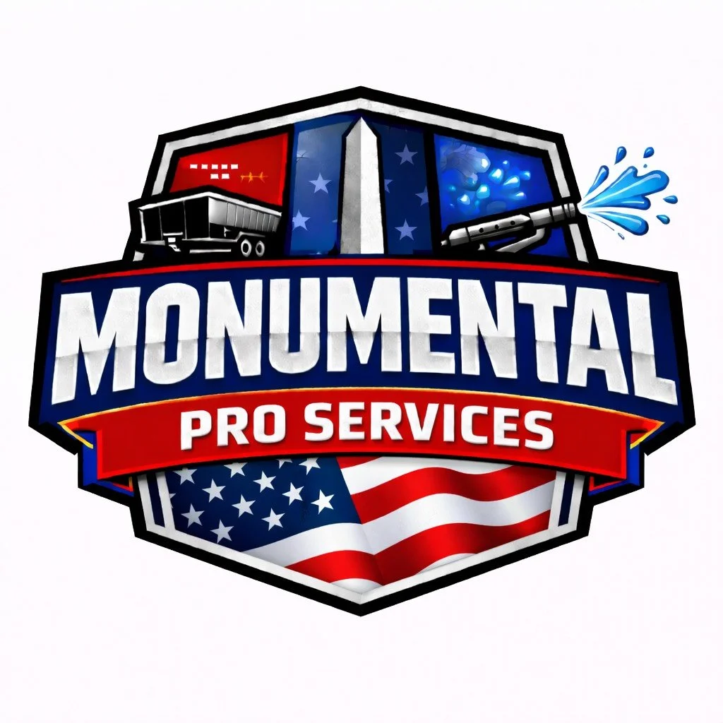 A logo for Monumental Pro Services with a shield design, American flag elements, a truck, and a water spray, indicating professional services.