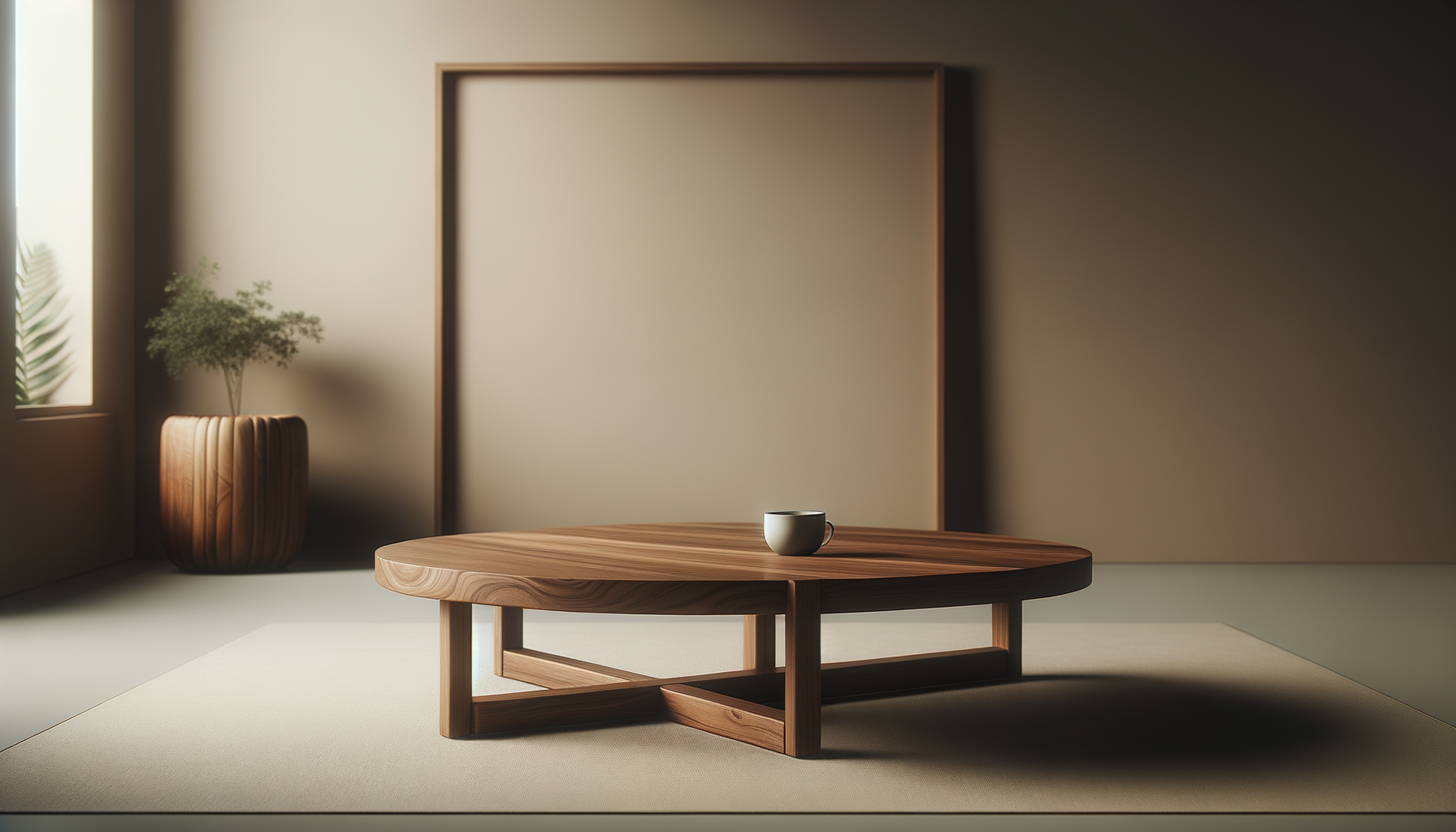 Modern interior room with wooden round table, a cup on it, potted plant by window, and blank wall.