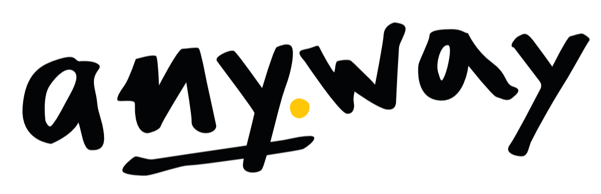 The logo: the word "anyway" handwritten with a thick marker, with "NY" underlined, and a yellow sun-like period between "any" and "way"
