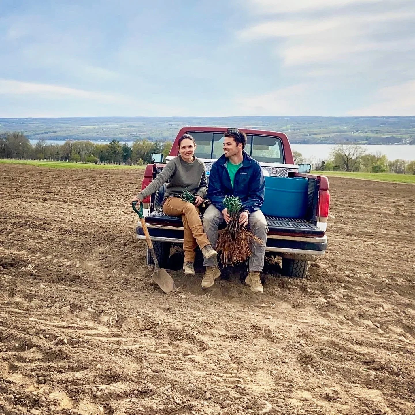 Therese & Ryan sitting on the tailgate of a 1990 duotone Ford F-150 in a freshly plowed field overlooking Cayuga Lake, holding young vines and gardening tools while smiling at each other on a cloudy day.