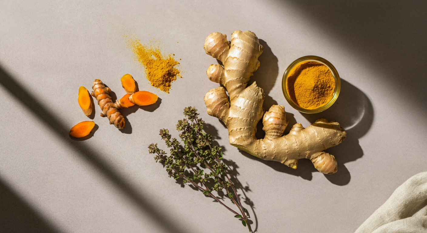 Ginger root, turmeric, and thyme on a gray surface with a small bowl of turmeric powder and a small pile of turmeric slices, with shadows and natural light.