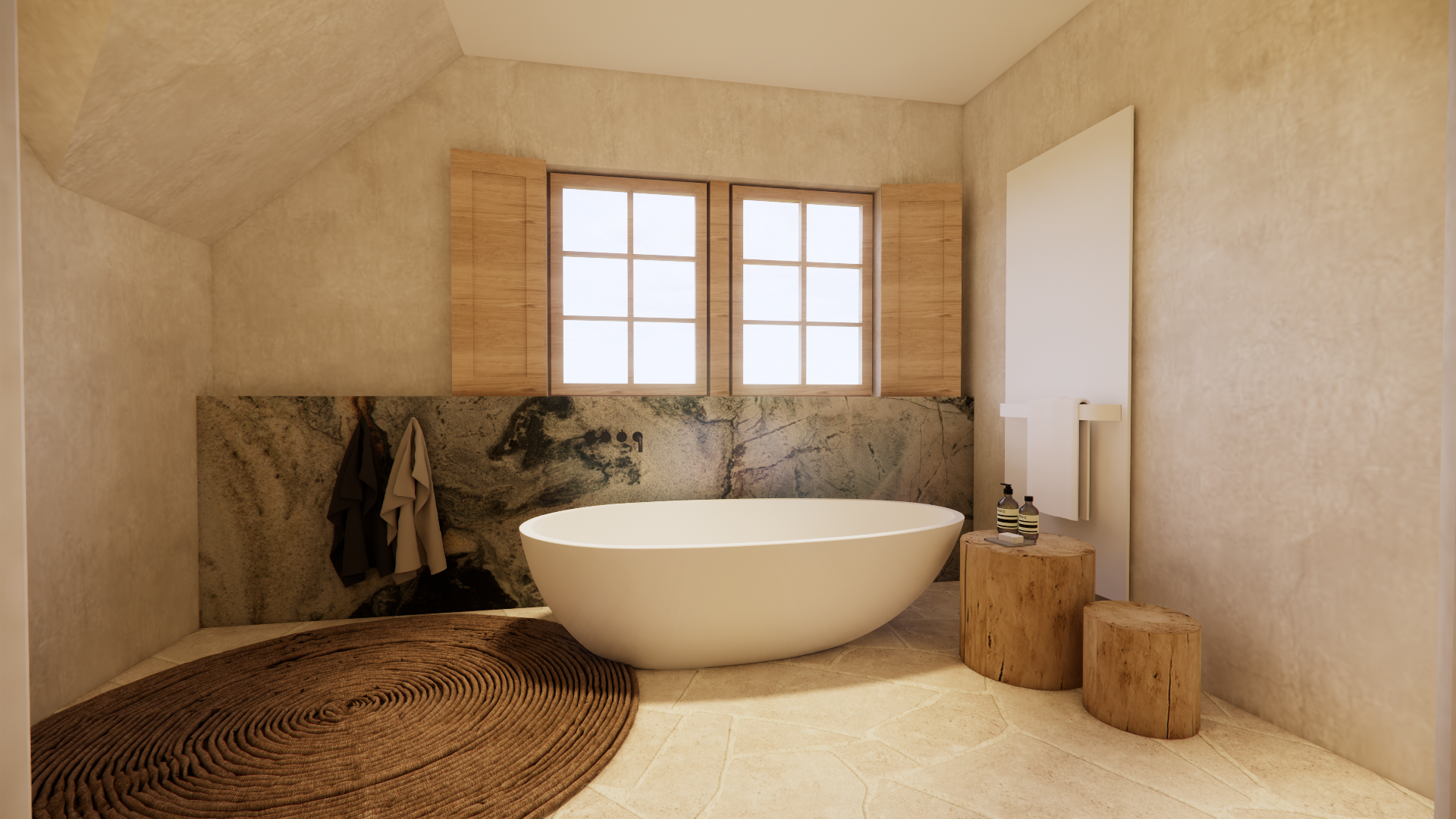 A bathroom with a bathtub, two wooden side tables, a circular rug, a window with wooden shutters, and towels hanging on the wall.