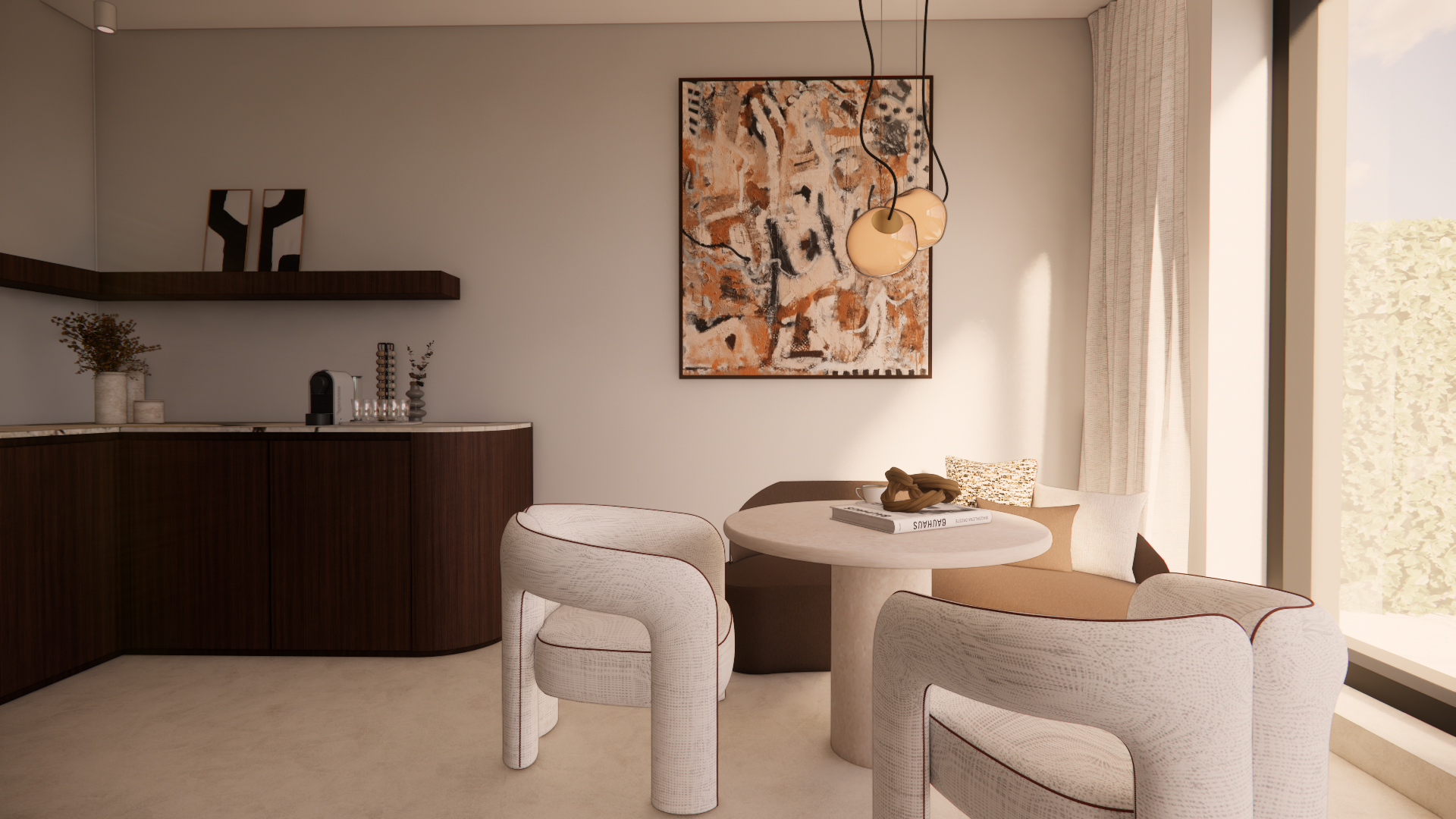 A modern living room with a round beige table, two light beige chairs, and a built-in bar with a dark wood finish. There are abstract paintings on the wall and a large window with beige curtains letting in natural sunlight.