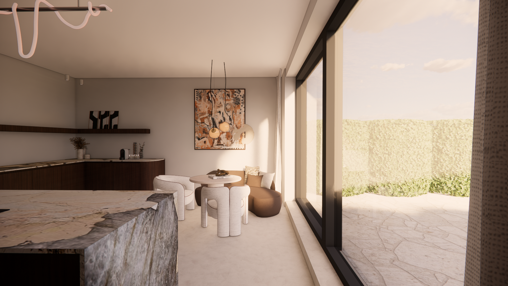 Modern living room with a large floor-to-ceiling window overlooking an outdoor patio with stone flooring, neutral-colored furniture, abstract artwork on the wall, hanging pendant lights, and decorative pillows on the seating.