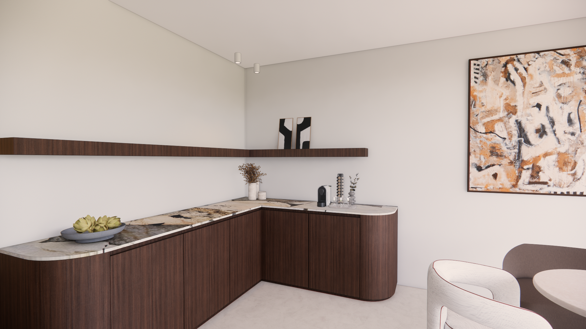Modern kitchen corner with dark wood cabinetry, marble countertops, abstract art on the wall, and decorative items including plants and a coffee machine.